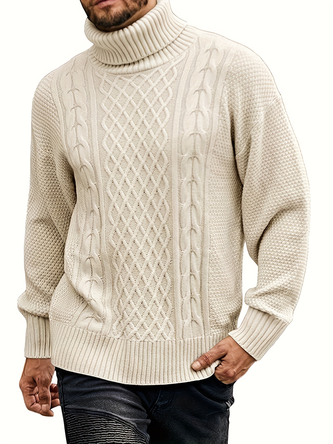 Tall Cream Chunky Cable Knit Turtle Neck Sweater