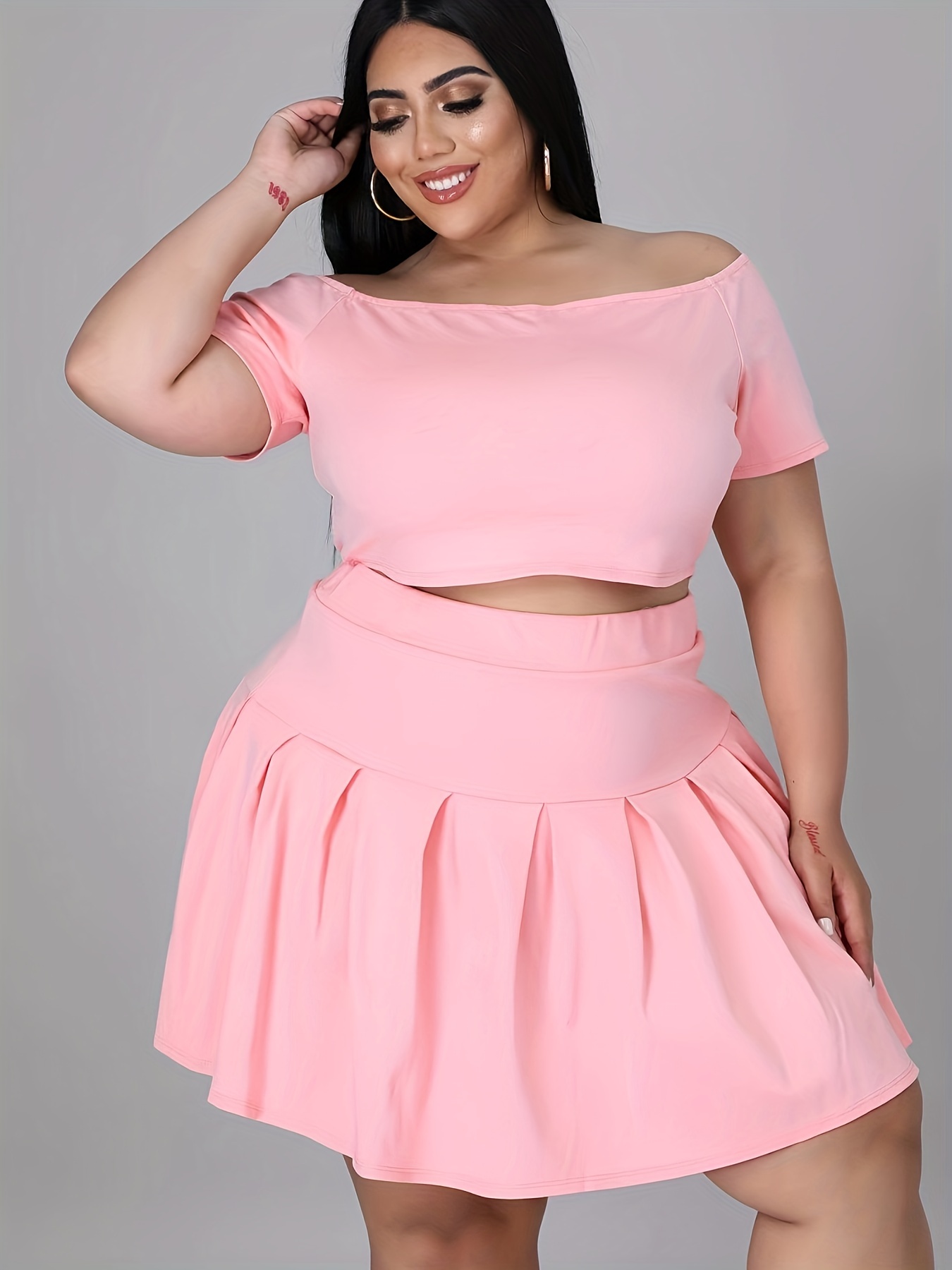 Pink Floral 2-Piece Set - Ruched Mini Skirt - Pink Crop Top