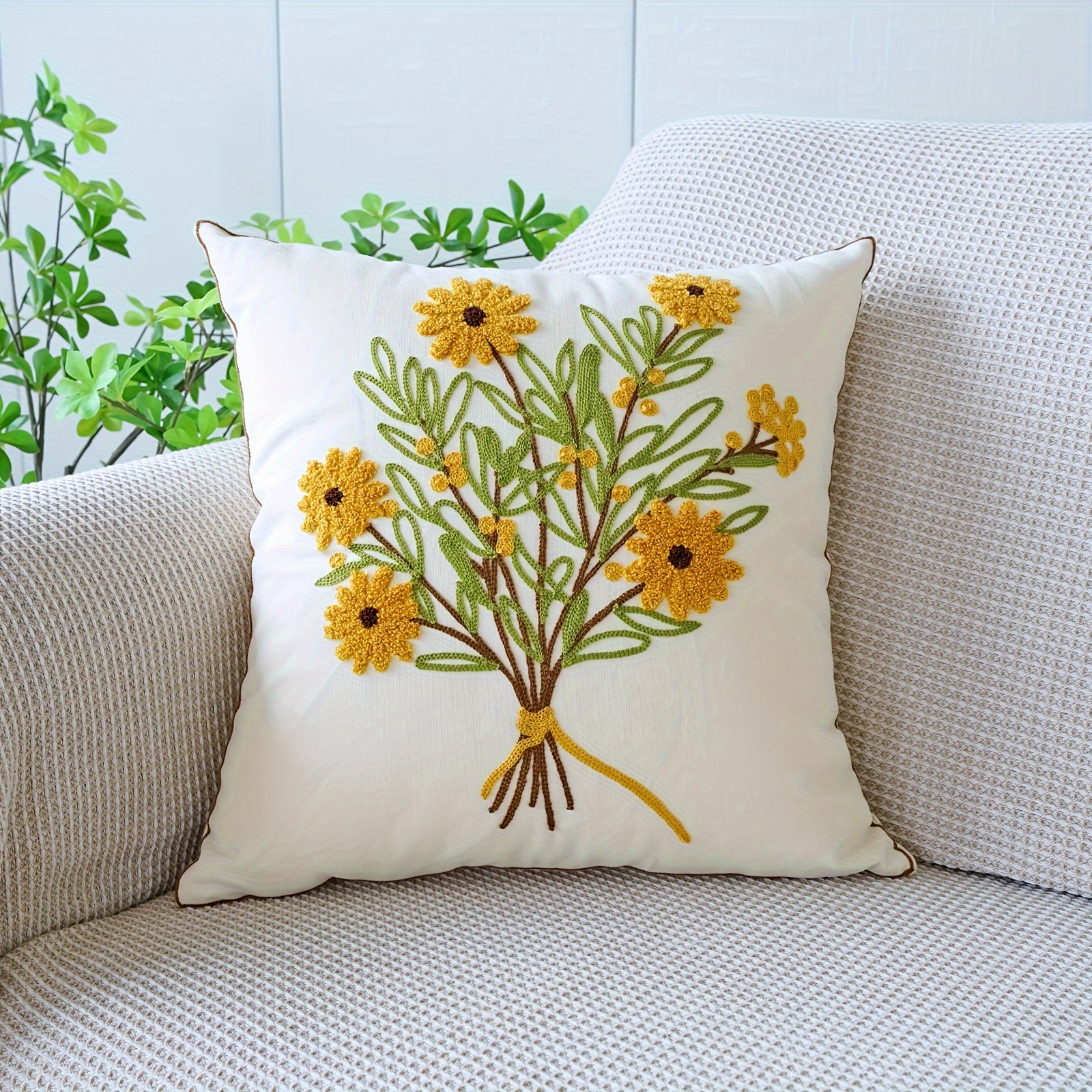 

1pc Contemporary Floral Embroidery Throw Pillow Cover - Style With & Green Leaves, 100% Polyester, Zippered, Machine Washable For Living Room Decor, Decorative Pillows