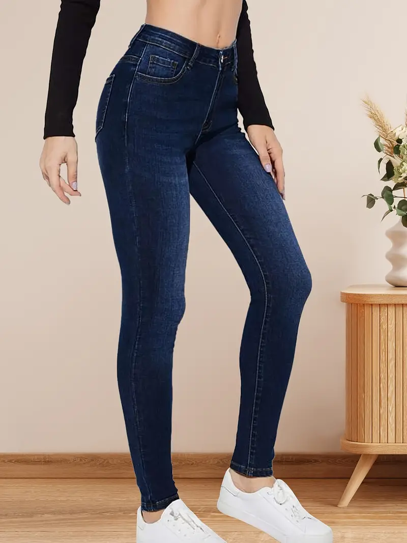 Jeans skinny escuro de cintura alta cintura alta com - Temu Portugal