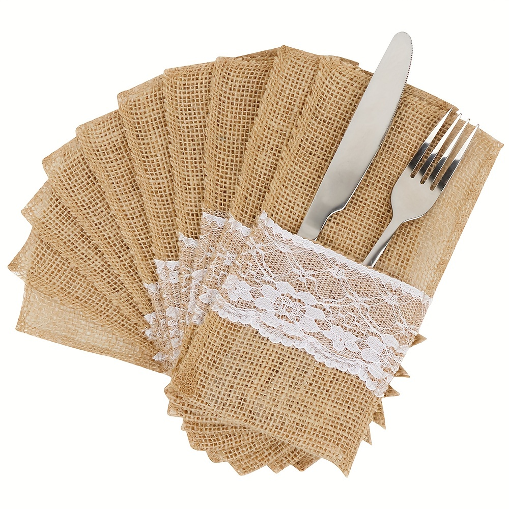 

10pcs/set, Natural Burlap Lace Utensil Cutlery Holders4"x8", Pouch Bags Knifes Forks Napkin, Silverware Holder Bag, Rustic Wedding Party Bridal Shower Decorations, Wedding Decor, Wedding Supplies