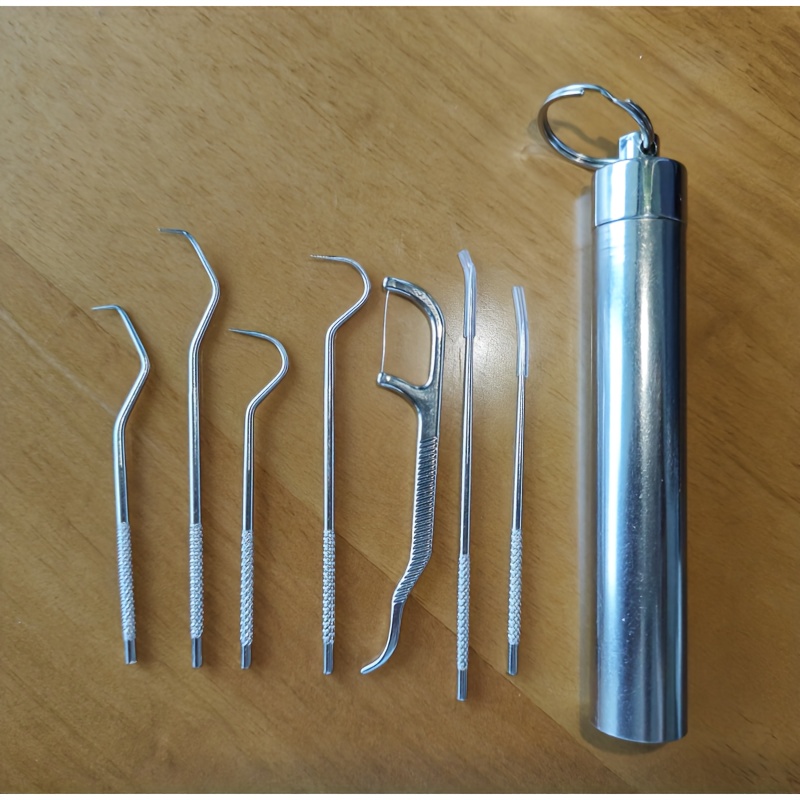 7pcs Stainless Steel Toothpick Dental Floss Oral Teeth Care Cleaning Tool
