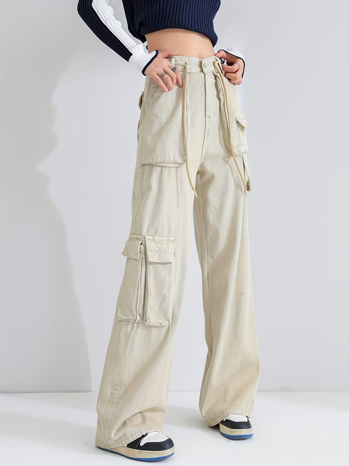Women's Jeans High Waist Flap Pocket Cargo Jeans Jeans for Women (Color :  Beige, Size : Medium) : : Clothing, Shoes & Accessories