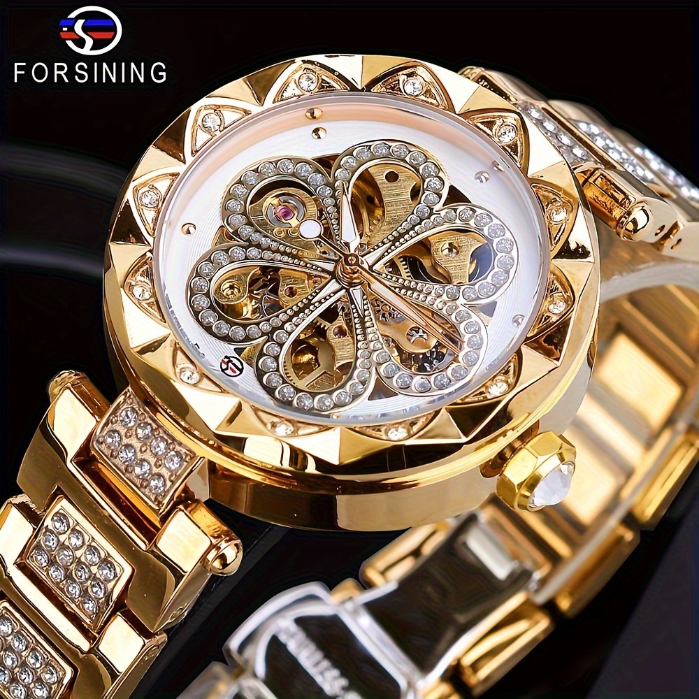 

Forsining Women's Luxury Rhinestone Flower Mechanical Watch Retro Skeleton Fashion Analog Wr Stainless Steel Wrist Watch
