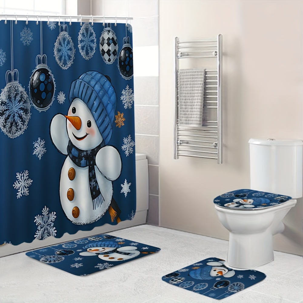 

1/4pcs Snowman Bath Set With 12 Hooks, Blue Hat Smiling Snowman Design, Modern Textured Curtain, Non-slip Bath Mat, Toilet Lid Cover, And Rug, Absorbent And Anti-slip, Festive Holiday Bathroom Decor