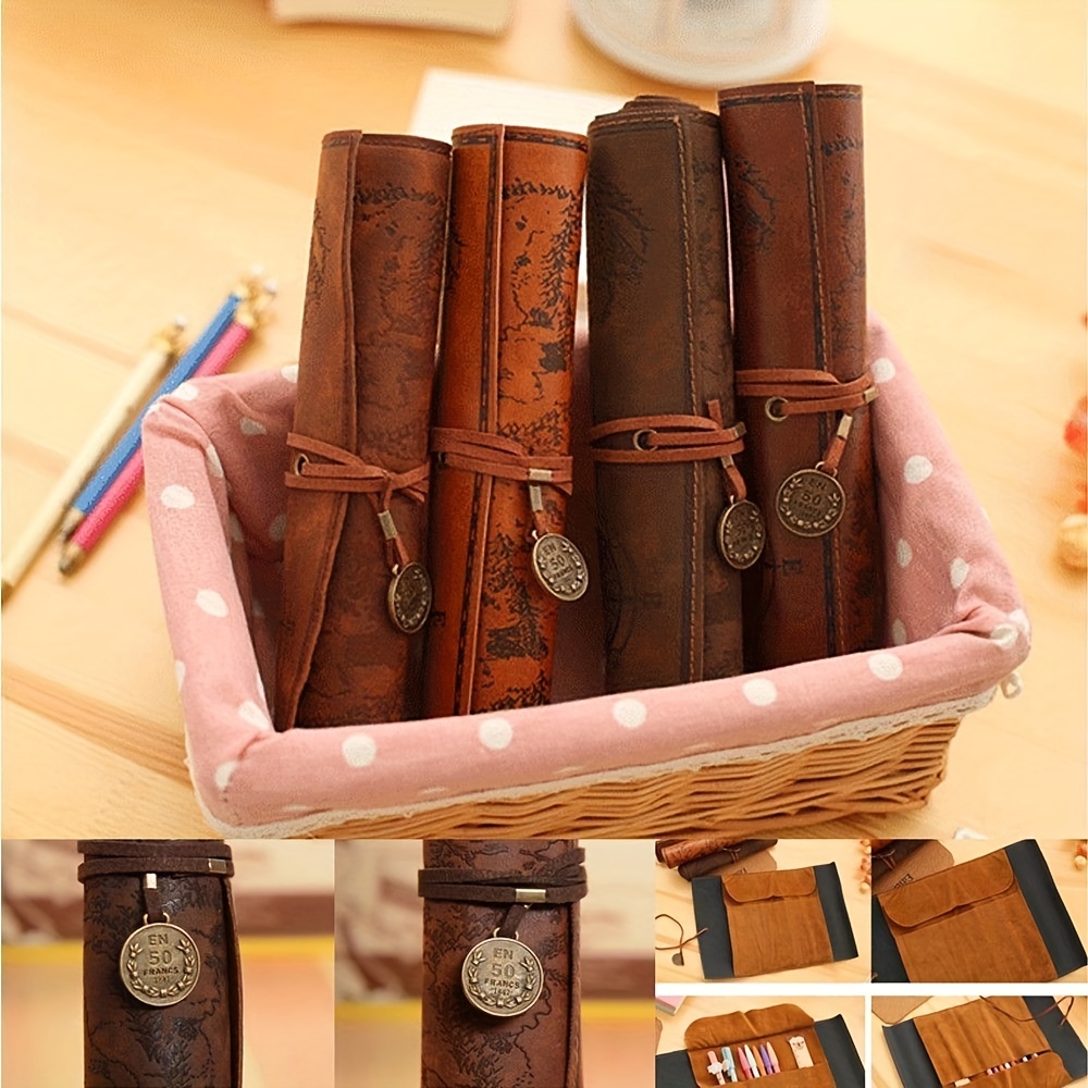 Pu Leather Roll up Pen Bag Vintage Treasure Map Pencil Pouch - Temu