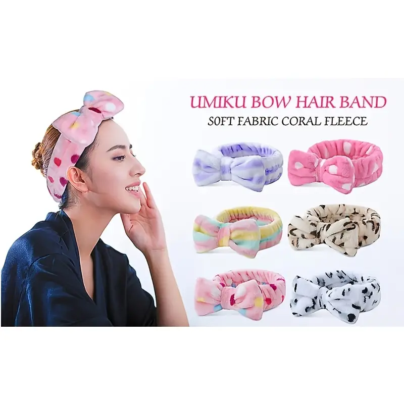 Temu 1/3pcs Spa Wash Face Headband, Bow Facial Makeup Hair Band, Headbands, Soft Coral Fleece Elastics Hair Holder for Girl's Skincare Hair Accessories