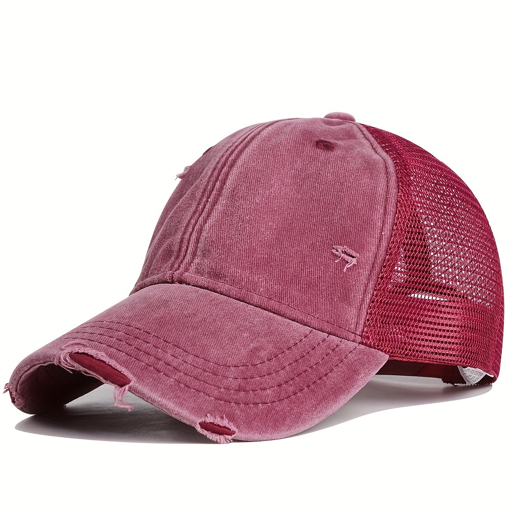 Adjustable Crisscross Mesh Ponytail Cap - Pink