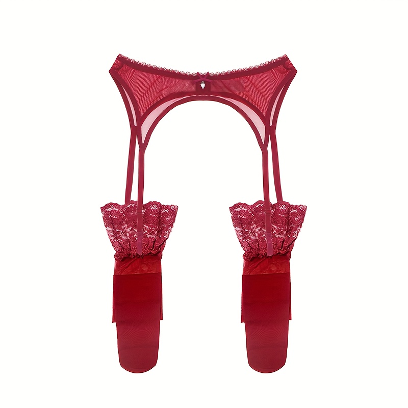 Women Floral Lace Garter Belt Plus Size Mesh Suspender Belt Set with 4  Straps Metal Clip for Thigh Highs No Stockings