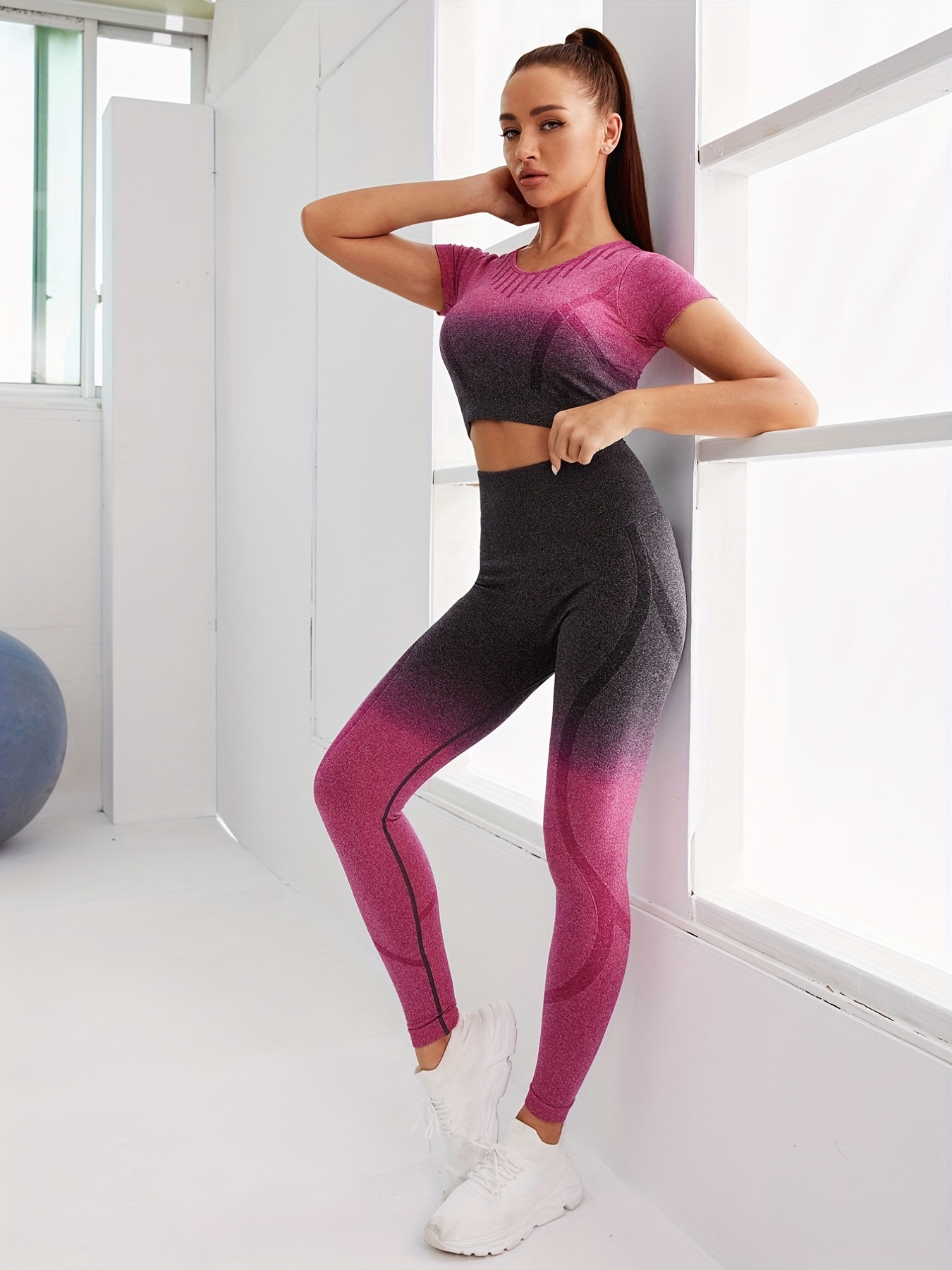 2pcs Yoga Workout Set, Gradient Color Short Sleeve Top & High Stretch  Runnings Sports Leggings Suit, Women's Activewear