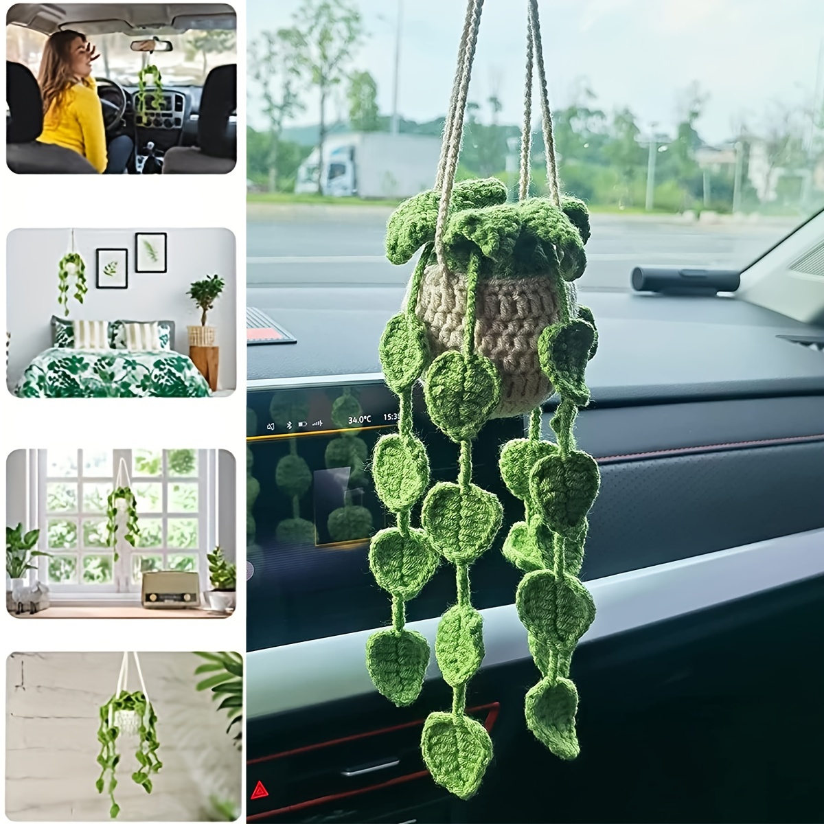 Kawaii Handmade Crochet Car Hanging Plant Accessories Succulent Plant Car  Decor Interior Decoration Funny Gadgets