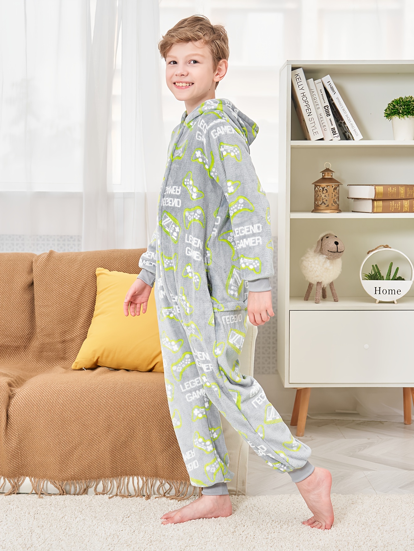 Kid's Flannel One-piece Pajamas, Solid Color/cartoon Pattern Zip