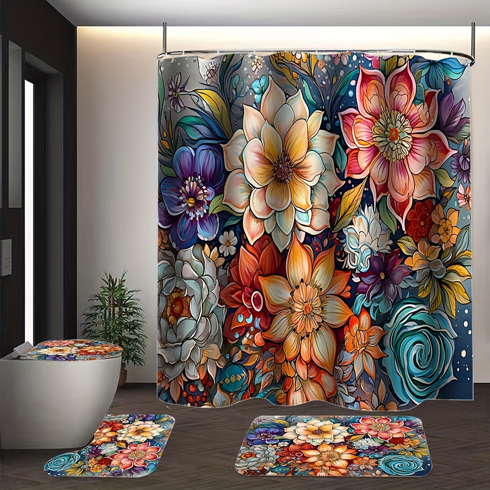 4pcs Bohemian Flower Bathroom Set, Waterproof Shower Curtain With 12 Hooks,  Non-Slip Bathroom Rug, Toilet U-Shape Mat, Toilet Lid Cover Pad, Aesthetic