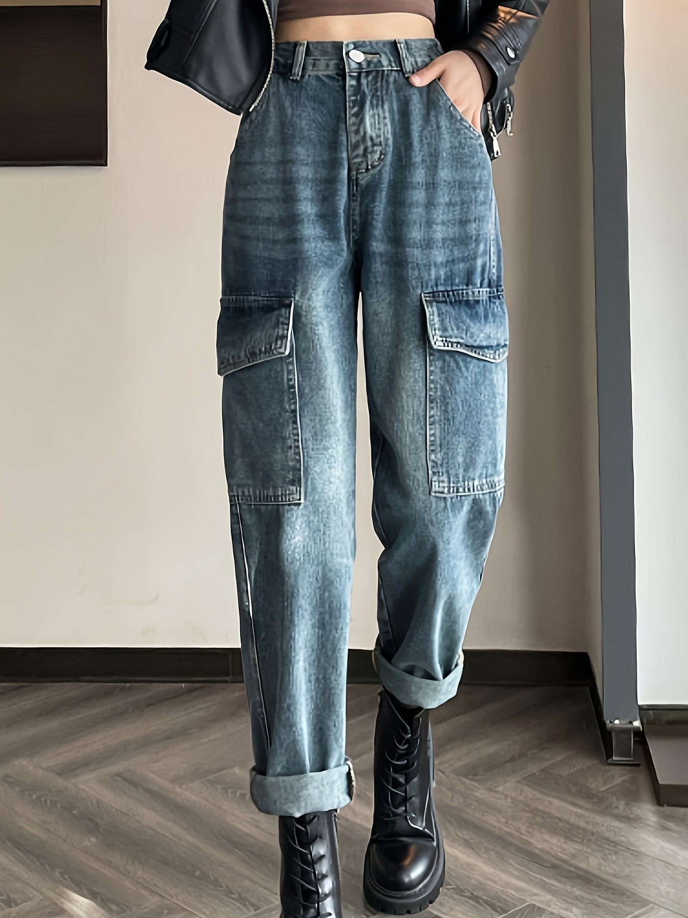 Buy High Waist Baggy Cargo Jeans for Women Flap Pocket