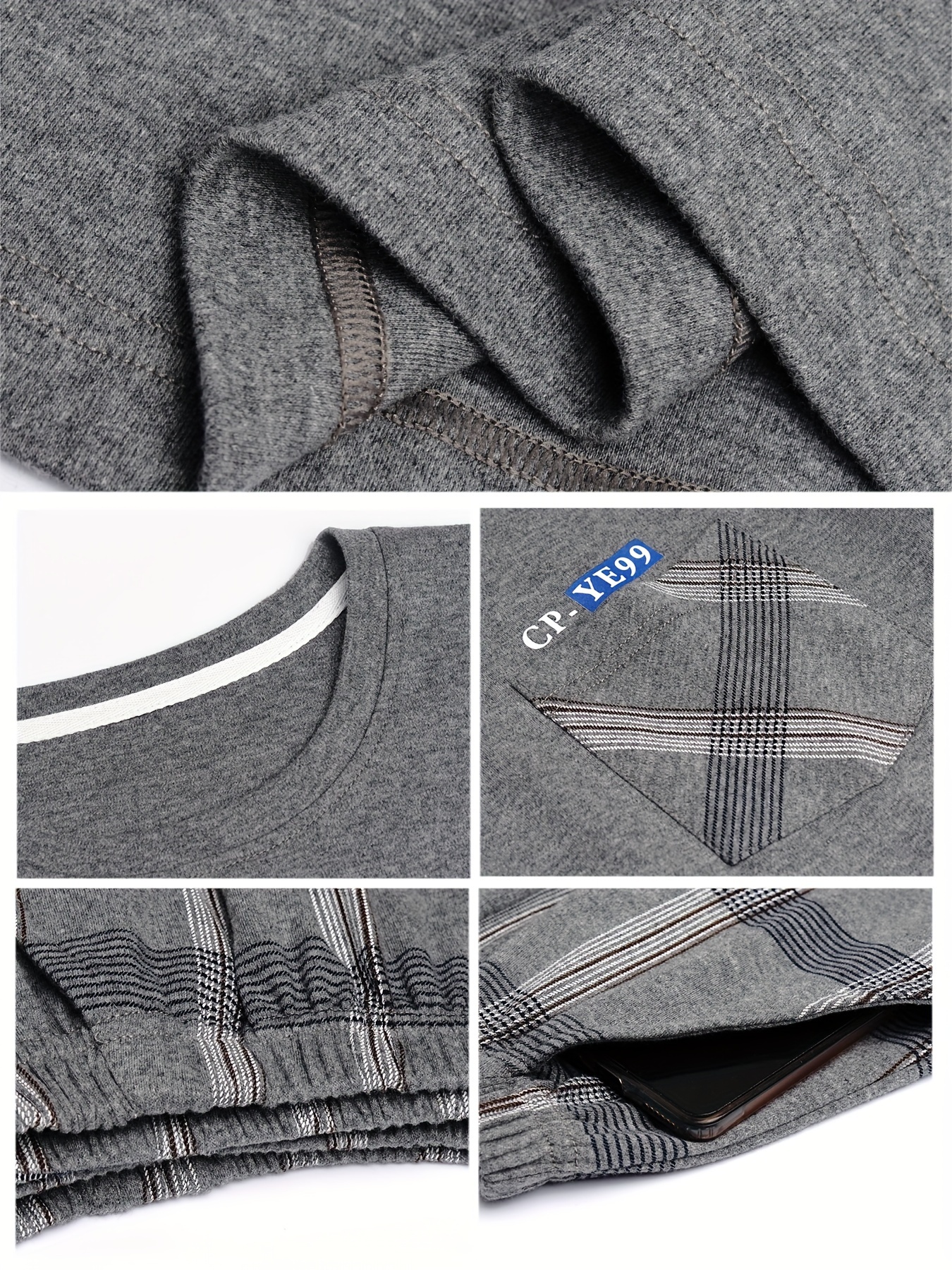 Men's Simple Style Casual Cotton Pajamas Sets, Solid Long Sleeve With Chest Pocket Crew Neck Top & Loose Checkered Pants Lounge Wear, Outdoor Sets For Spring Autumn