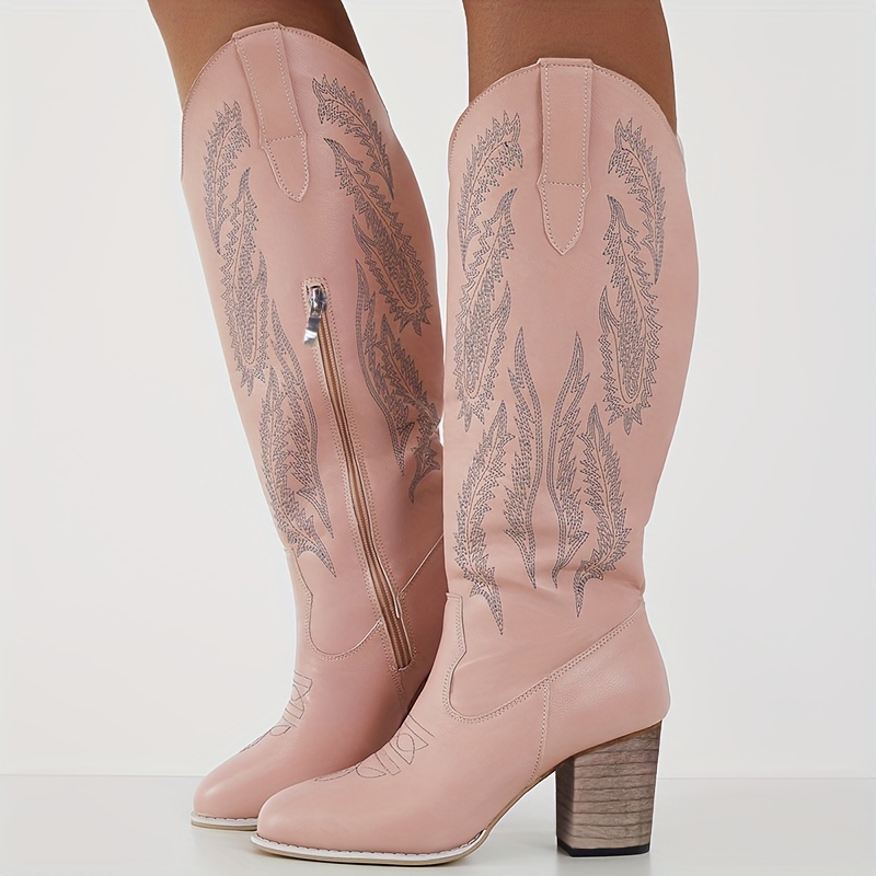Women's Block Heeled Long Boots Solid Color Side Zipper - Temu Canada