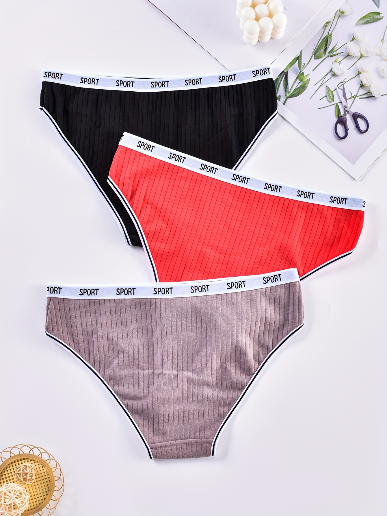 Plus Size 3 Pack Letter Print Ribbed Panties Set, Women's Plus High Stretch  3pcs Briefs Set