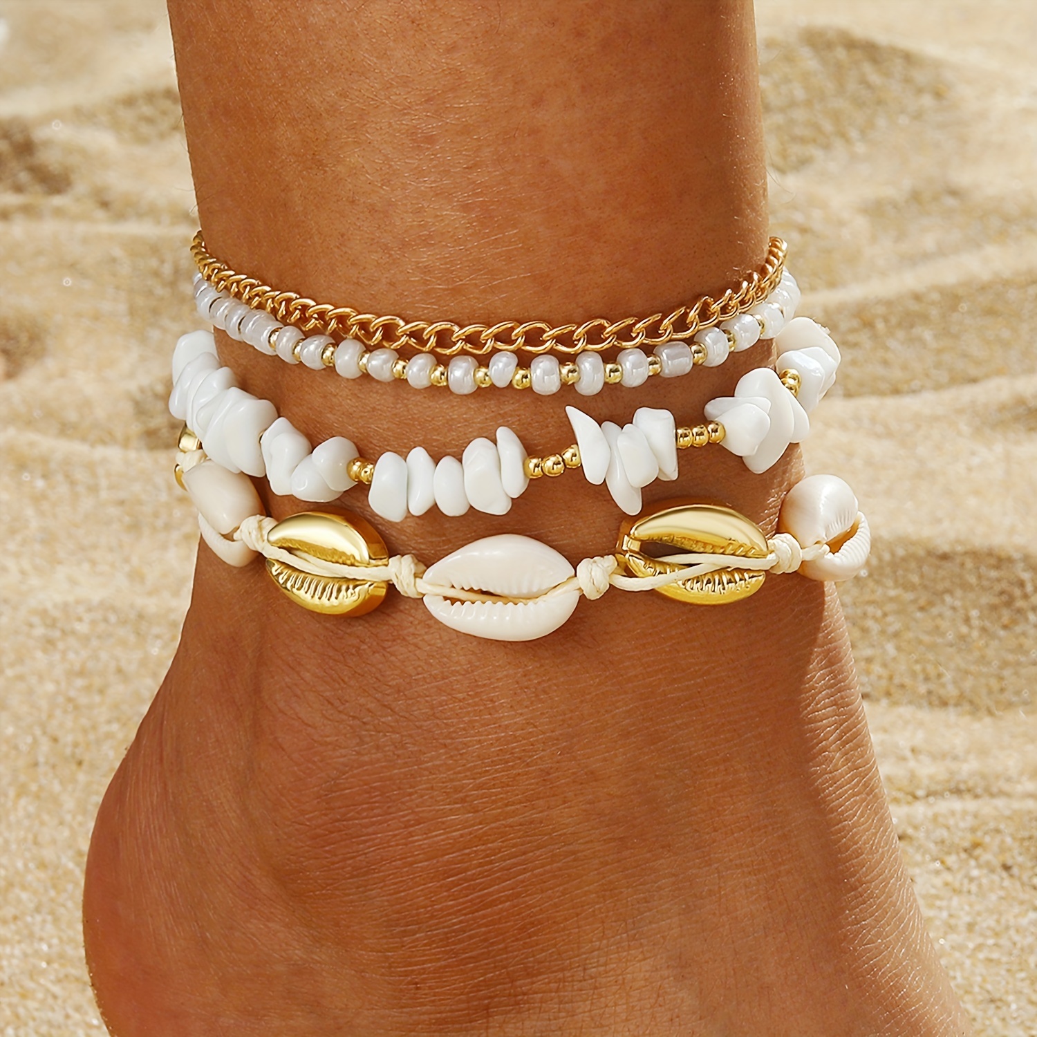 

4 Pcs Set Of Female Anklet With Imitation Shell Stones Design Bohemian Elegant Style For Women Vocation Party