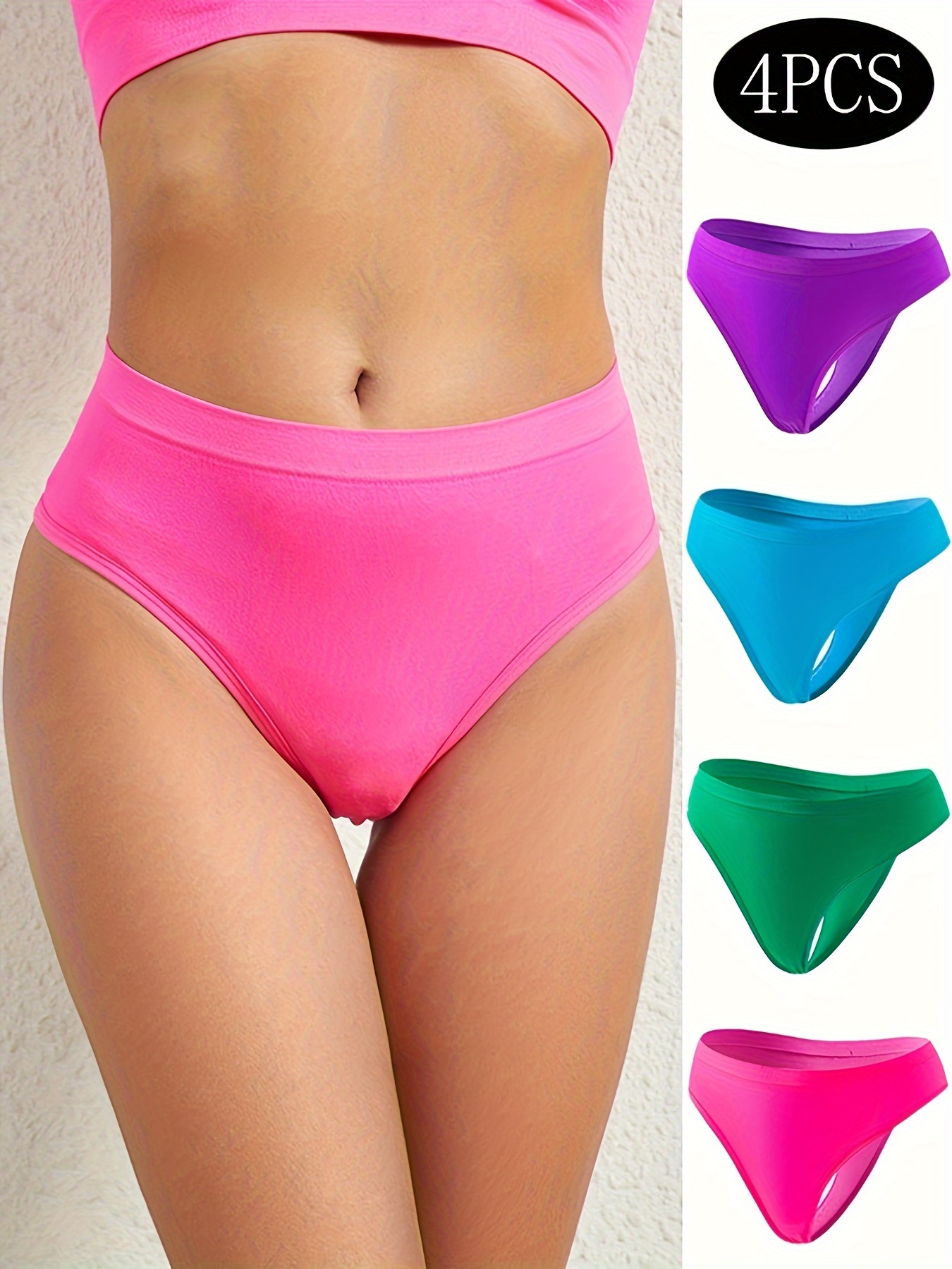 4pcs Women's Simple Panties Set, Plus Size Seamless Solid * Waist Comfort  Thongs