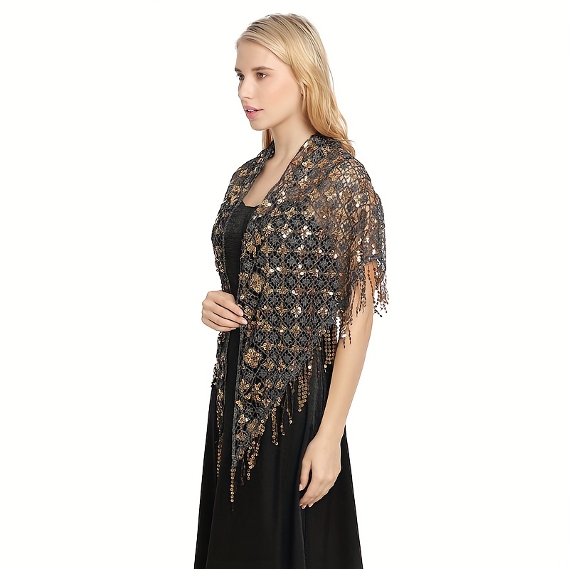 Sequin Decor Triangle Scarf Floral Hollow Out Solid Shawl