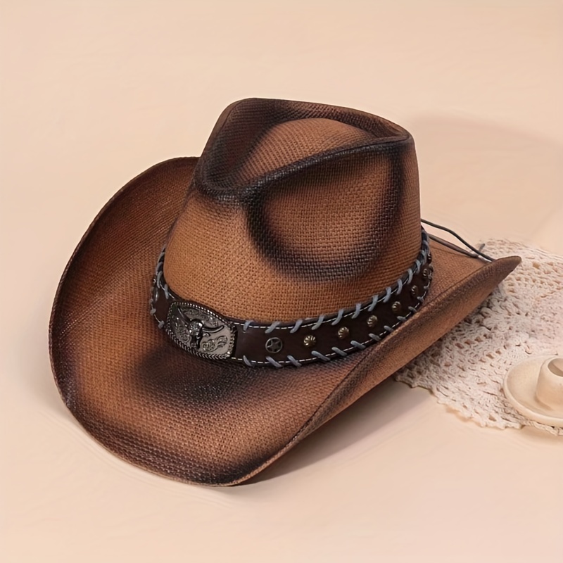 Belt Decor Straw Hat, Sun Visor Travel Fishing Outdoor Cowboy Hats, Vintage Casual Hair Accessories for Women,Temu