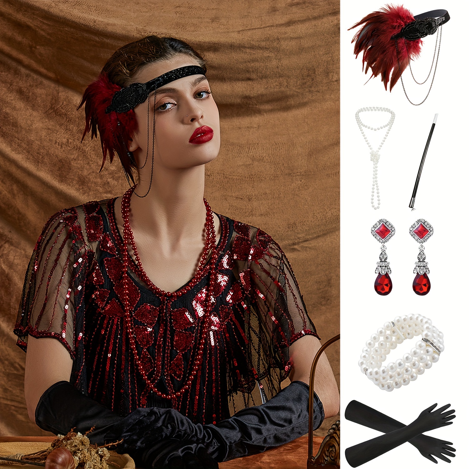 Meiruier 1920 accessori di Set,Accessori Anni '20, alla moda con fascia ,  guanti lunghi, collana con perle e accessori per donne, Charleston Fancy  Set per Natale (gold) : : Moda