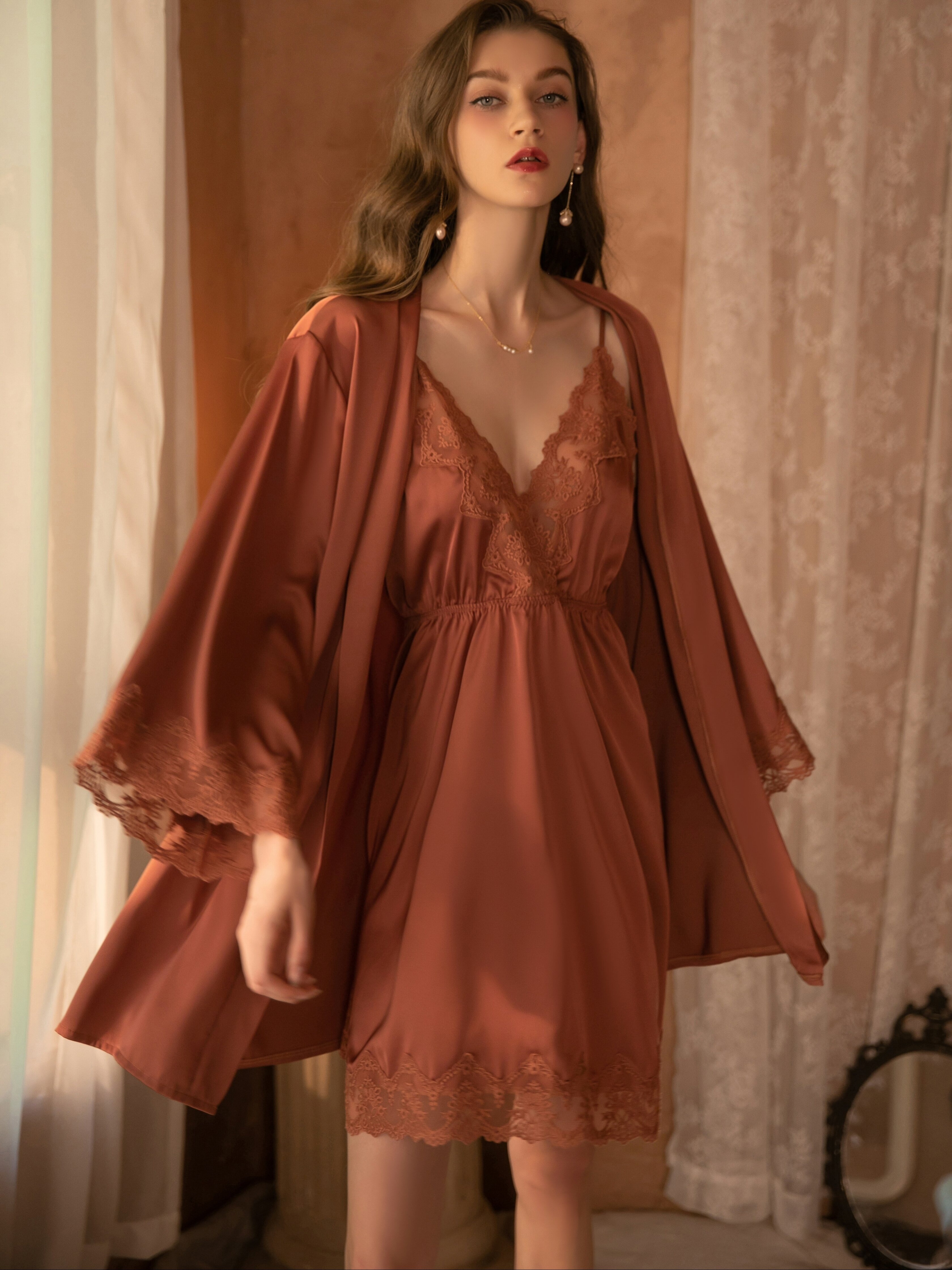 Contrast Lace Pajama Set Deep V Slip Dress Long Sleeve Robe - Temu