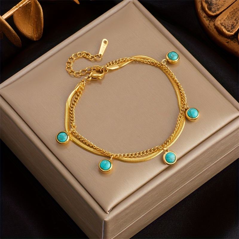 

1pc Stainless Steel Golden Plated Chain, Multiple Round Balls Green Turquoise Pendant