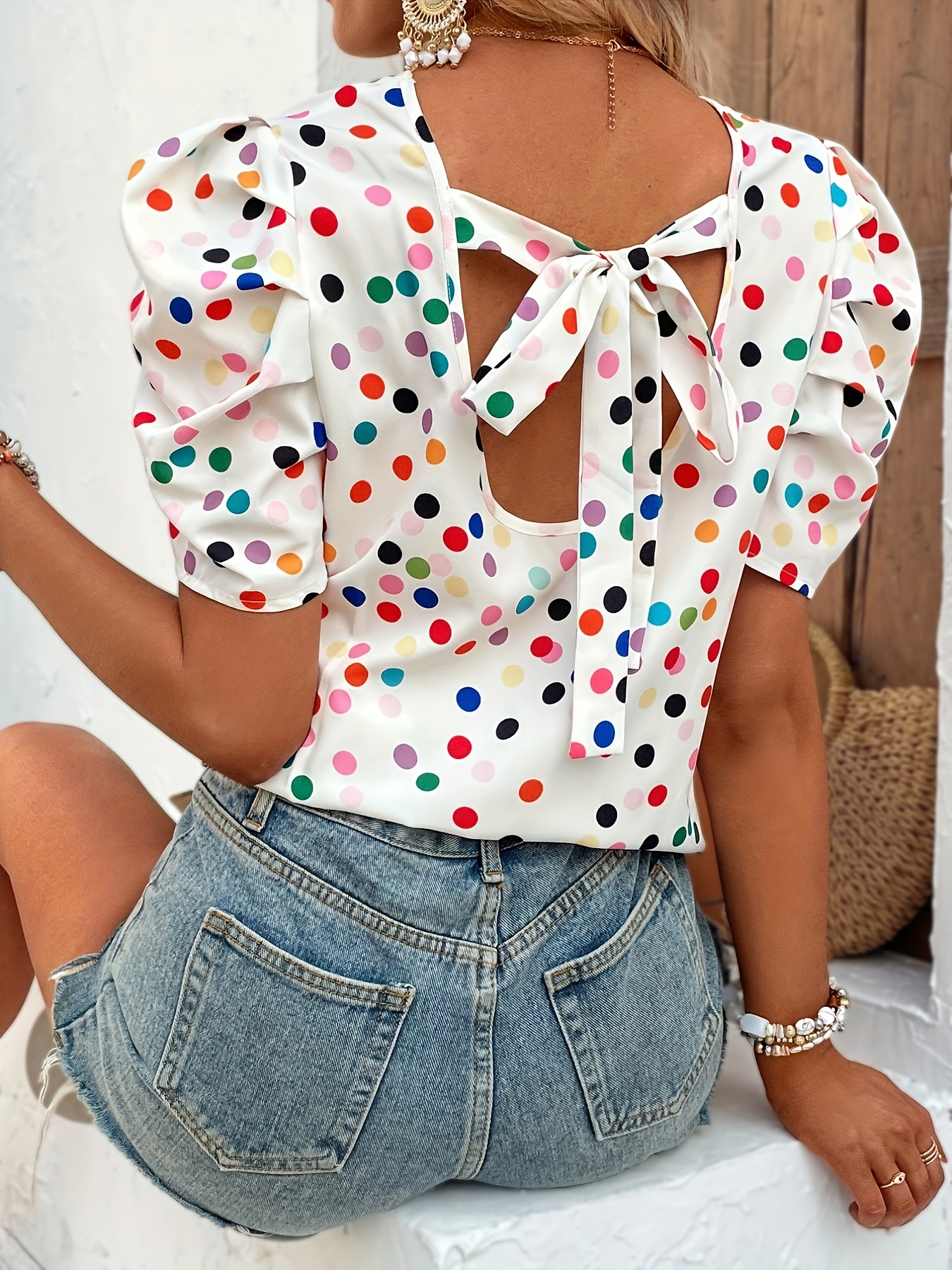 polka dot tie-front blouse