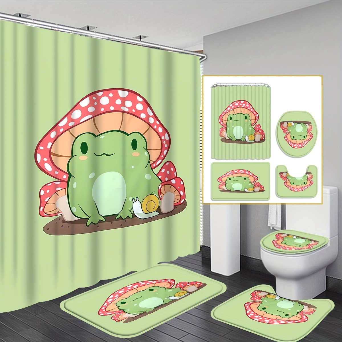 Amagical 4pcs Green Funny Frog Shower Curtain Set with Bathroom Mat set,Frog Sits On Leaf Decor Kids Bath Tub Mat Contour Mat Toilet Cover and Shower