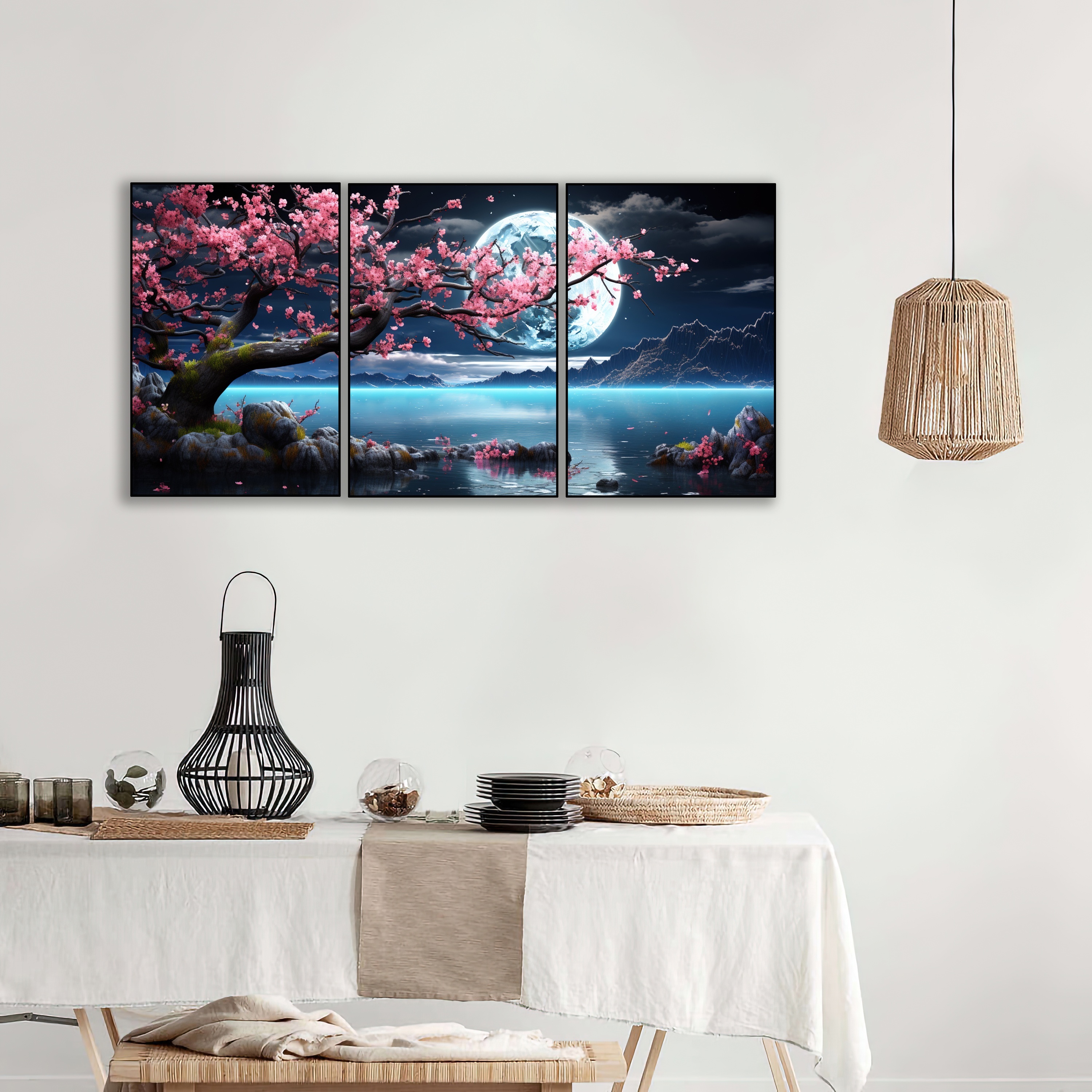 Framed 3 Pieces Plum Blossom Moon Ocean Wall Canvas Art Size 12x16 Eac -  DANNY'S HOME GOODS