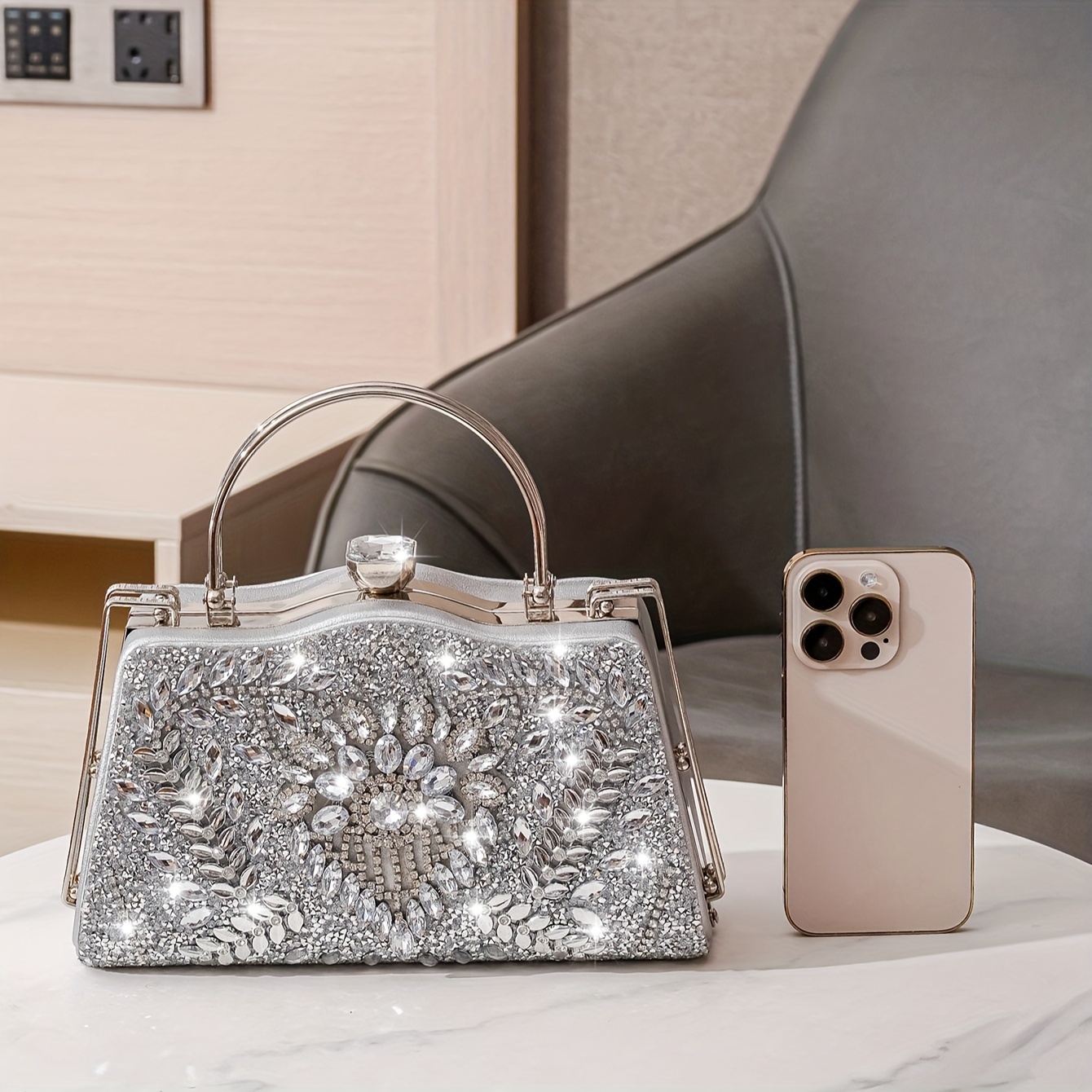 Rhinestone Luxury Clutch Bag, Flower Pattern Evening Shoulder Bag With  Chain For Party & Dinner - Temu