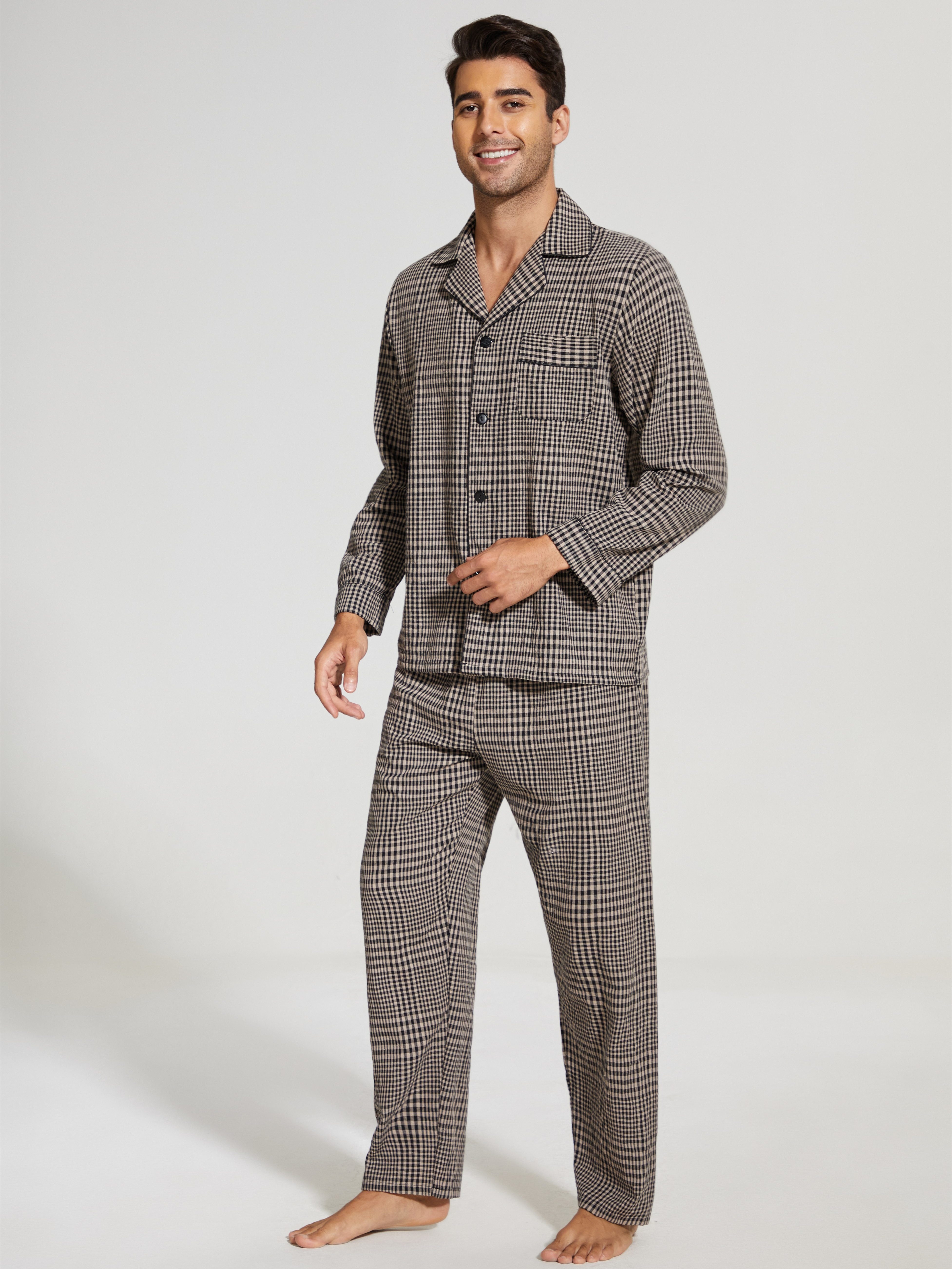 Classic Fashion Casual Men's Pajama Set. Plaid Button Down Pocket Long  Sleeve Lapel Shirt Top & Trouser, Loungewear Set
