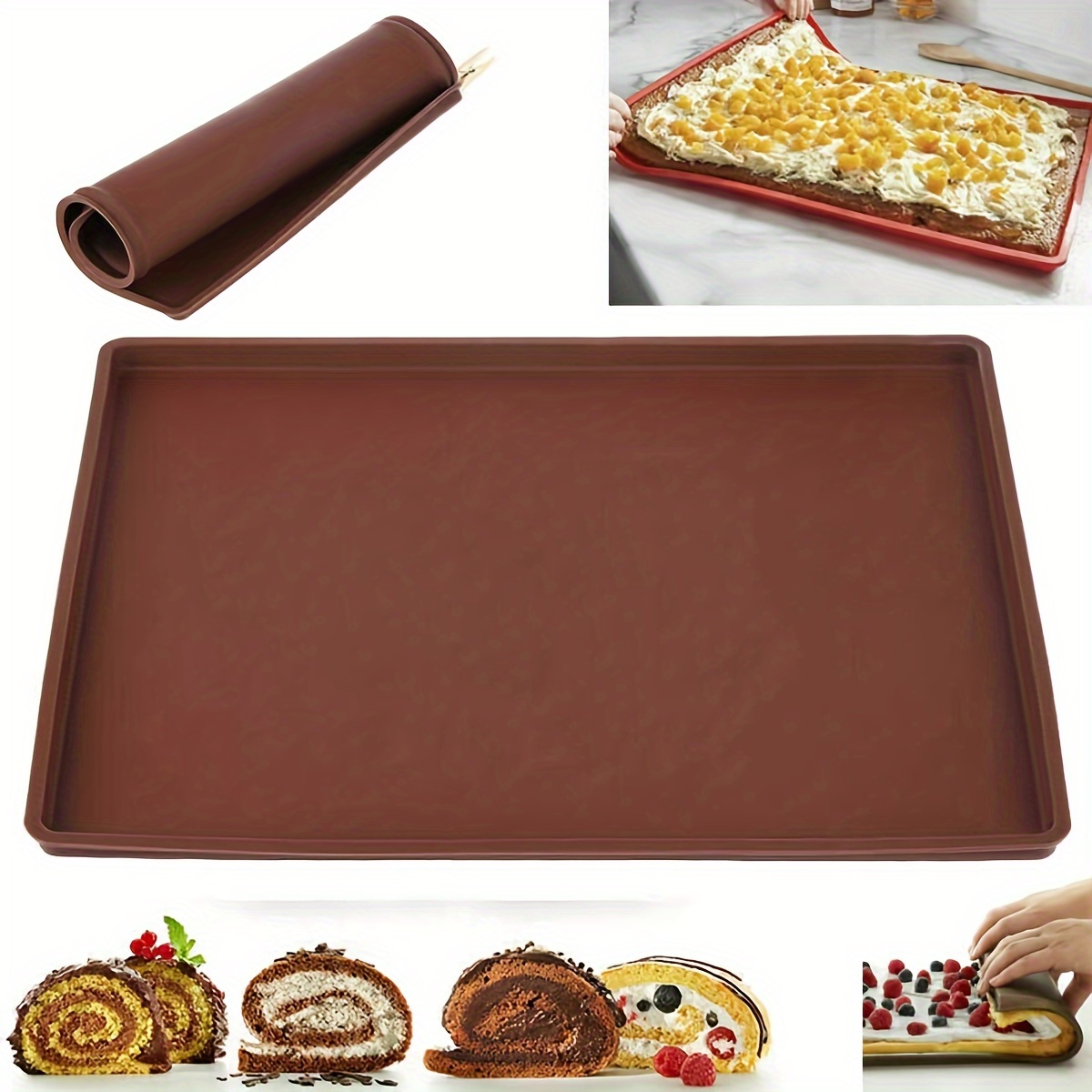 

1pc, Swiss Roll Cake Mat, Flexible Silicone Baking Tray, Heat Resistant Jelly Roll Pan, Silicone Cookies Mold, Kitchen Baking Tools
