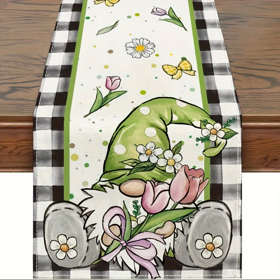 Image of 1pc Of A Table Runner For Spring And Summer, Featuring A Humorous Gnome Design, Perfect For Seasonal Table Decorations For Indoor And Outdoor Dining During And
