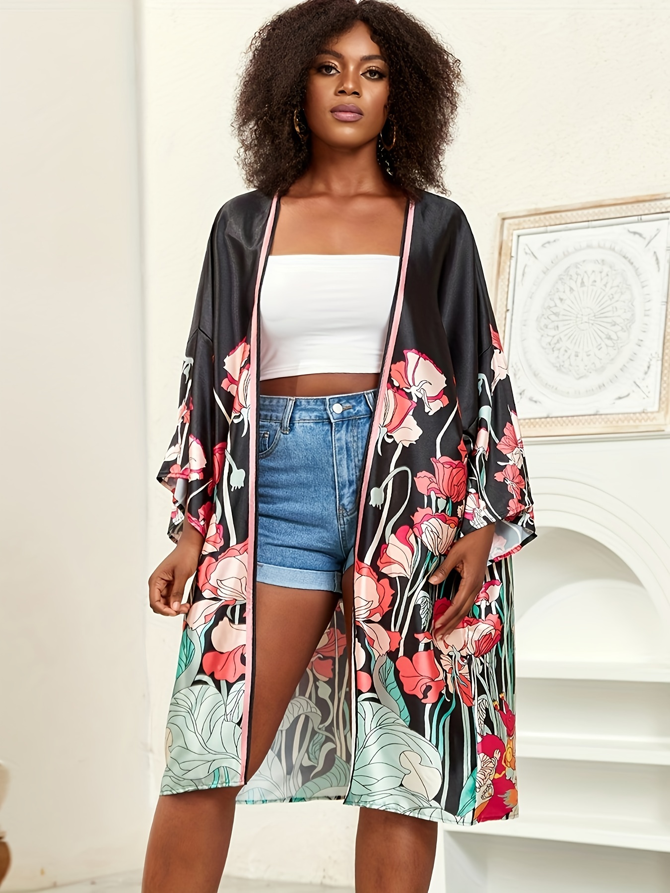 Buy Black Tie Dye Open Front Kimono Three-Quarter Sleeves