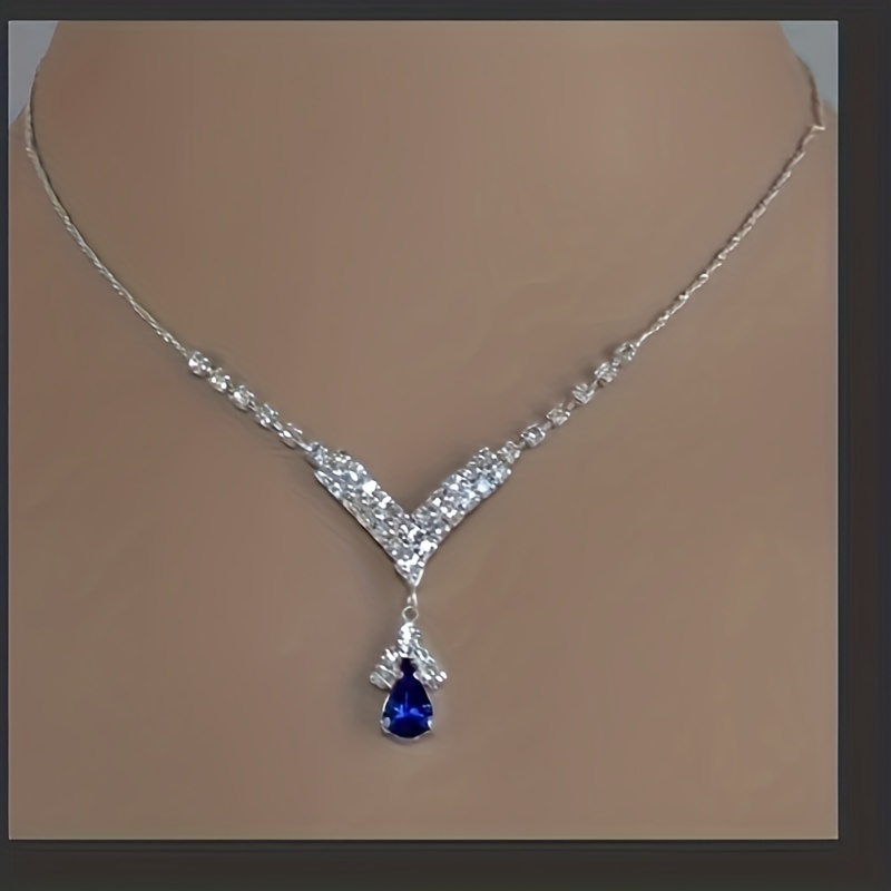 Inlaid Blue Water Drop Rhinestone Pendant Chain Necklace Temu