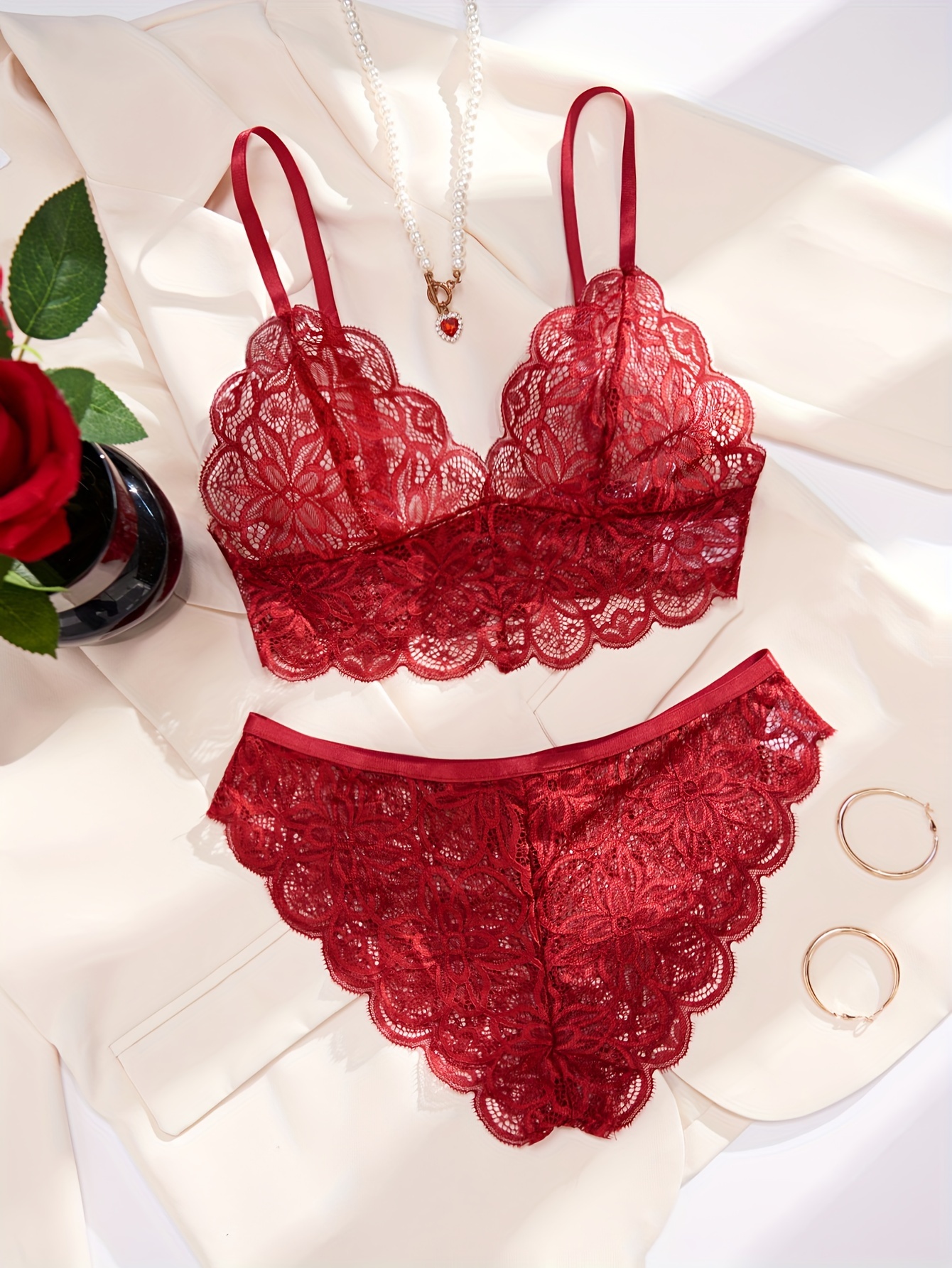 Floral Lace Lingerie Set Intimates Bra Garter Belt Panties - Temu