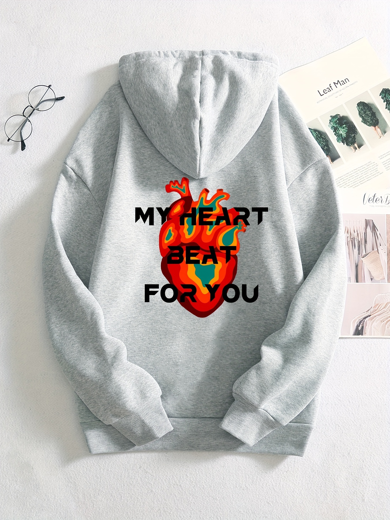 Warming Letter & Heart Print Zipper Hoodie, Casual Drawstring