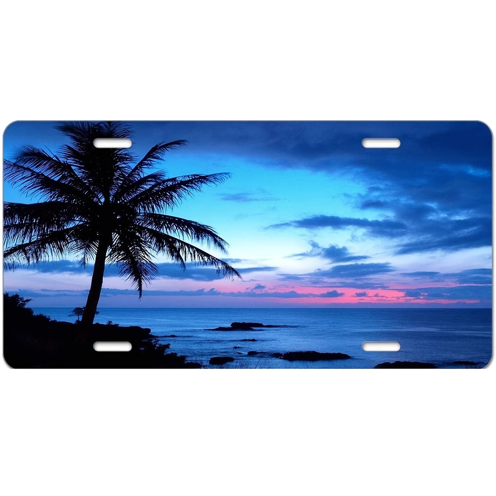 Aluminum Novelty Car License Plate with Tropical Paradise Ocean Beach Scene and Palm Trees 6X12 Inch