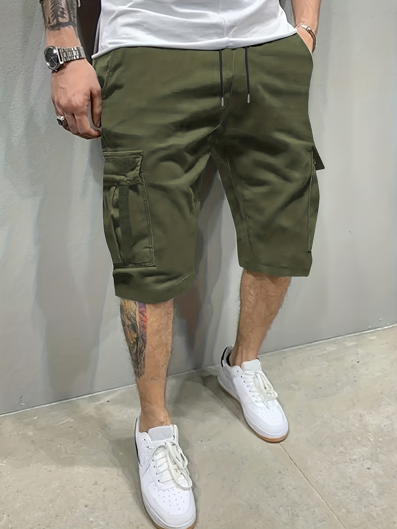 Men's Plus Size Cargo Shorts Solid Color Drawstring Short - Temu