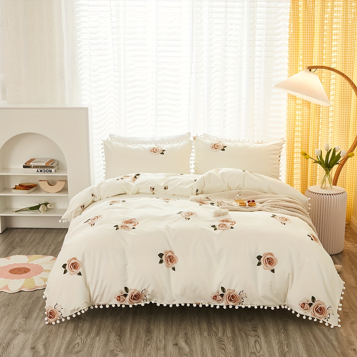 Image of 3pcs Fresh Duvet Cover Set (1*duvet Cover + 2*pillowcase, Without Core), Pastoral Style Flower Print Bedding With Pompom, Soft Comfortable Duvet Cover, For Bedroom