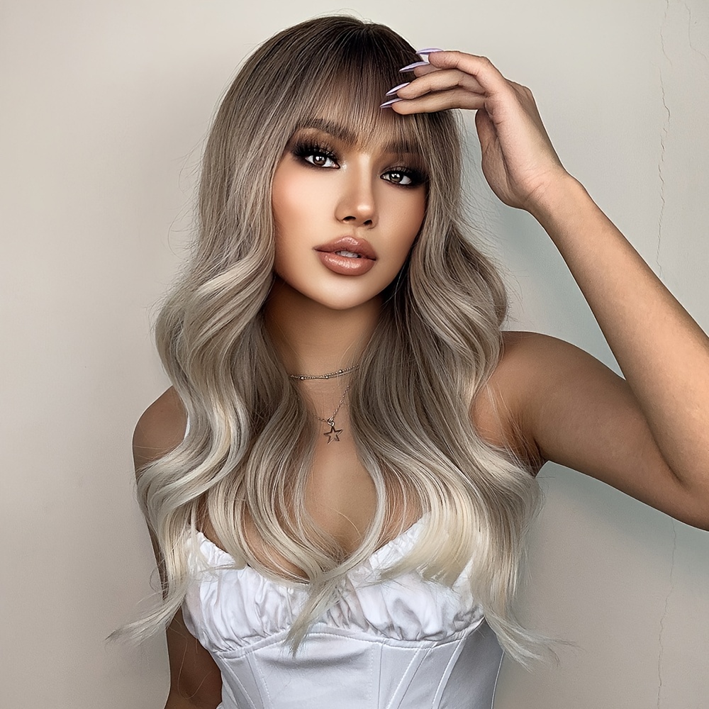 22 Inch Synthetic Wig Women s Wig Brown Gradient Light Blonde Long Wavy Curly Hair With Bangs Fashion Elegant Daily Natural