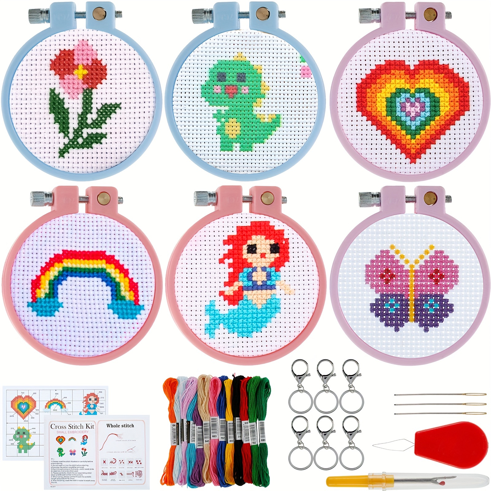 REEWISLY 4 pcs of Embroidery Starter kit with Patterns and Instructions,  DIY Adult Beginner Cross Stitch Kits, Including 2 Plastic Embroidery Rings,  1