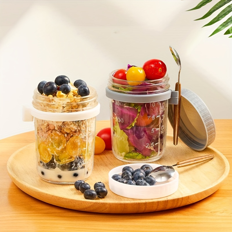 2pcs Overnight Oats Container with Lid and Stainless Steel Spoon 20oz Overnight Oats Jars Leakproof Overnight Oat Glass Cups Reusable Portable Oatmeal