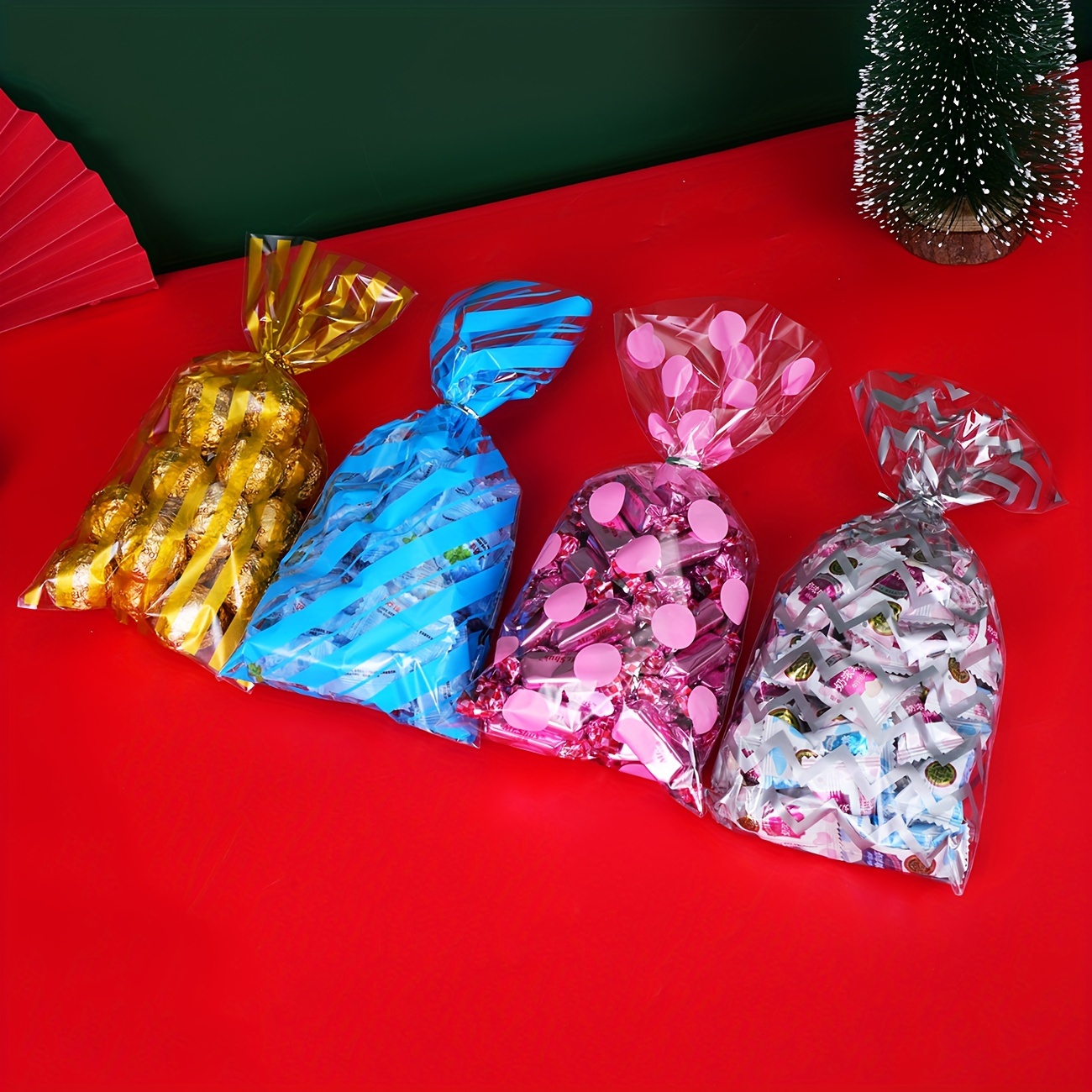 100PC Dot-line Candy Bag Flat Mouth Packaging Bag OPP Candy Bag Four Colors  Birthday Cookie Bag Festival Candy Gift Packaging Pastry Bag