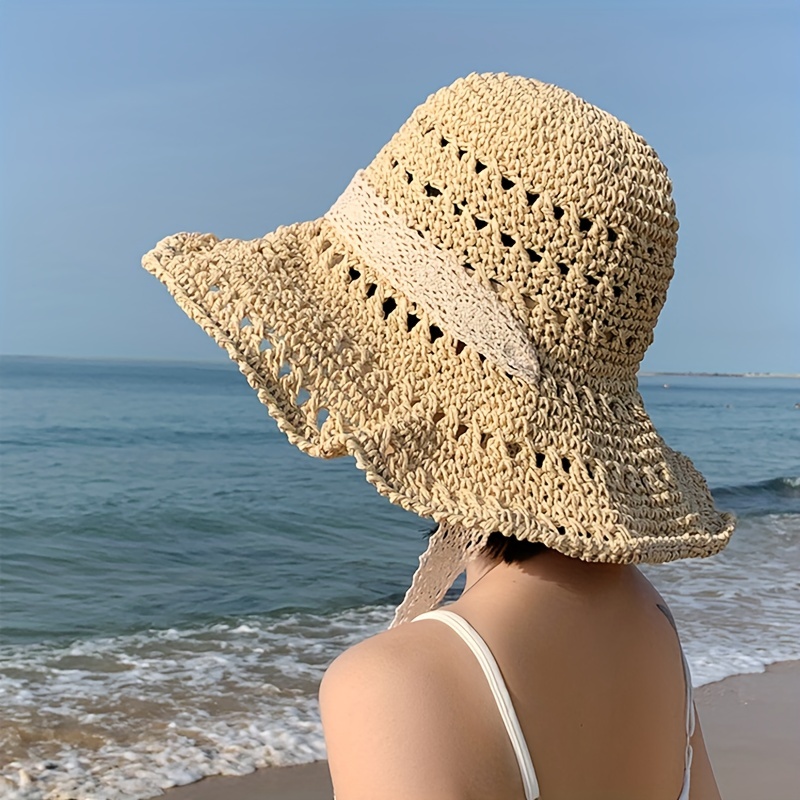 Hand-Woven Crochet Straw Hat Summer Hollow Bow Tie Folding Seaside