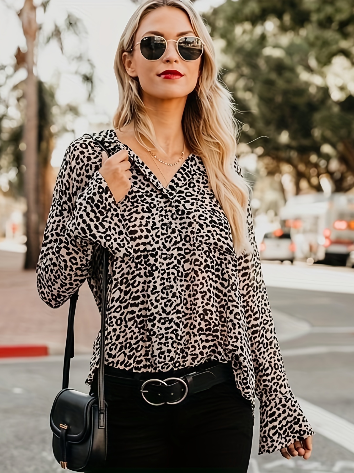 Leopard Print Flare Sleeve Blouse, Casual Long Sleeve V-neck Blouse For  Spring & Fall, Women's Clothing