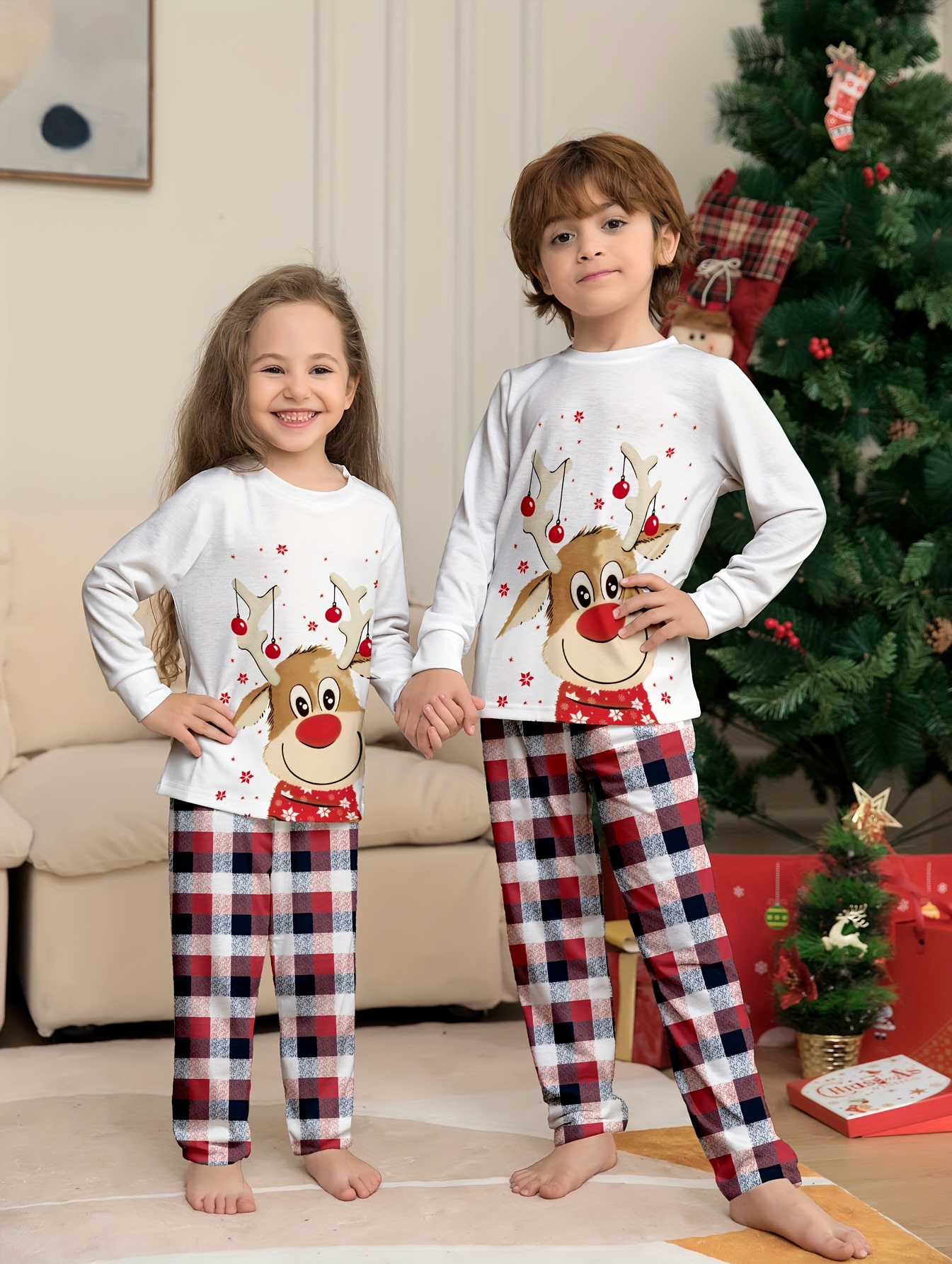 Christmas Buffalo Plaid Elk and Letter Print Family Matching Long-sleeve Pajamas Sets (Flame Resistant)