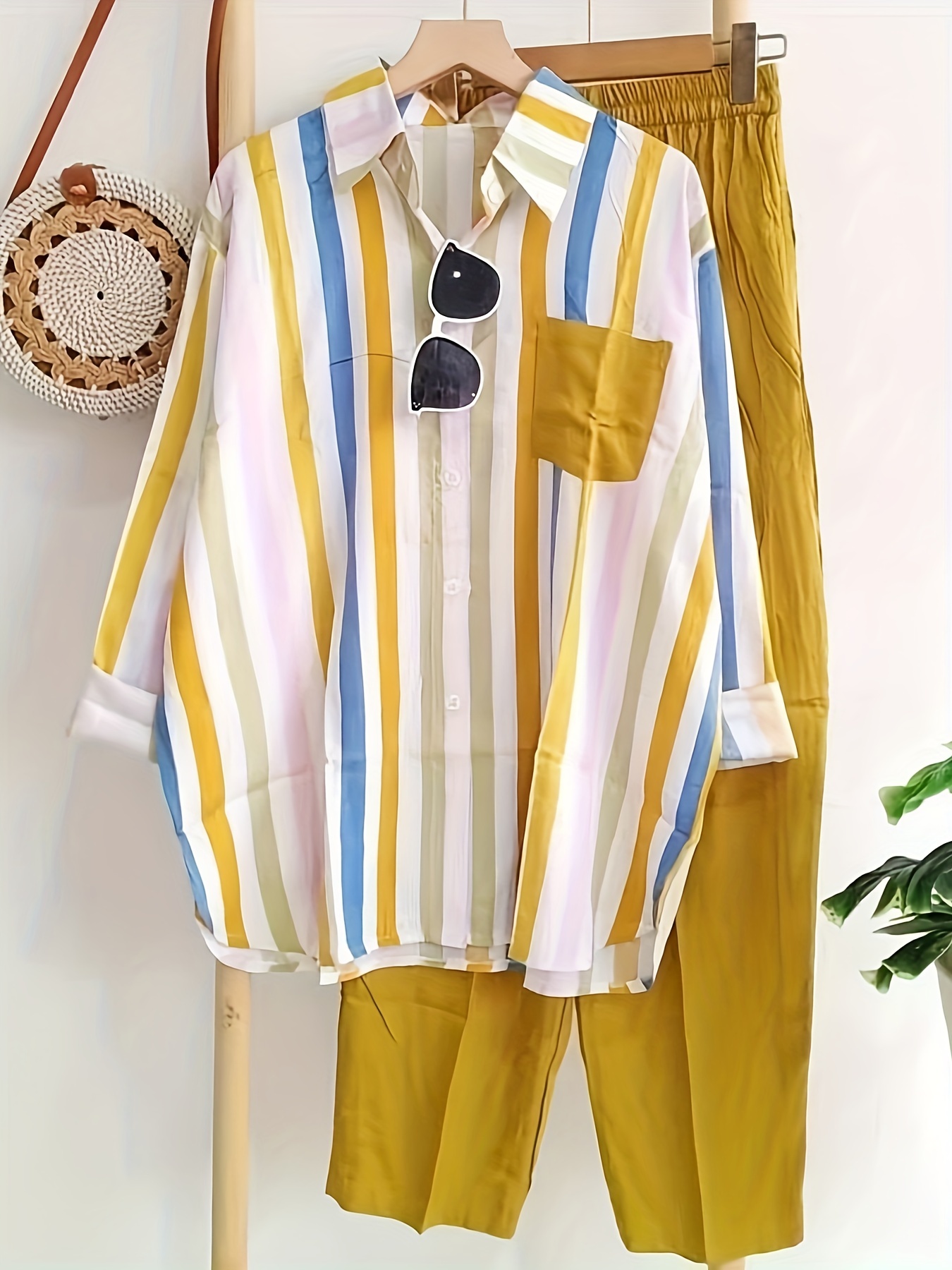 Stripe Print Shirt & Pants Outfit Set